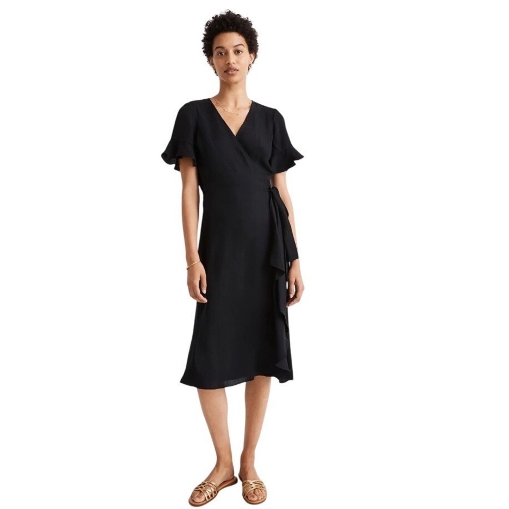 Madewell Wrap Dress xxs Black LBD autumn wedding guest cocktail attire ruffle